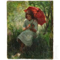"Mädchen mit rotem Sonnenschirm", Impressionismus, deutsch/Frankreich, Ende 19. Jahrhundert