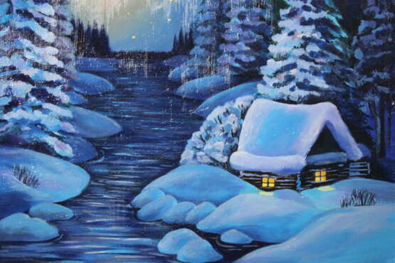 Зимний вечер Cardboard Acrylic paint Landscape painting 2020 - photo 2