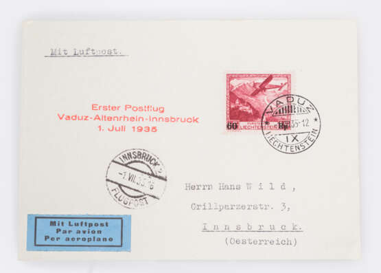 Liechtenstein - Flugpost (Provisorium) 1935 (Mi.-Nr. 148) auf Luftpostbrief von Vaduz nach Innsbruck, - фото 1