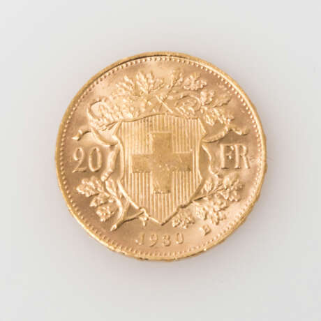 Schweiz/GOLD - 5,8g GOLD fein, 20 Franken 1930/B, Vreneli, vz., - фото 2