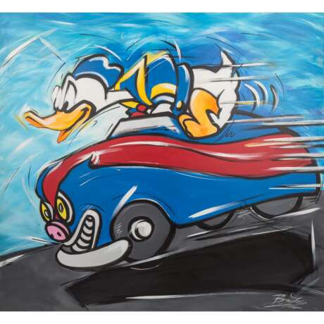 KÜNSTLER/IN 2. Hälfte 20. Jahrhundert, "Donald Duck, mit Auto rasend", - Foto 1