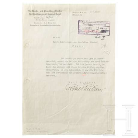 Eigenhändig signierter Brief Walther Darrés an Bürckel vom 9.6.1938 - Foto 1