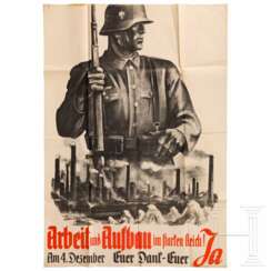 Plakat zur Sudetendeutschen Ergänzungswahl vom 4. Dezember 1938 "Arbeit und Aufbau im starken Reich"