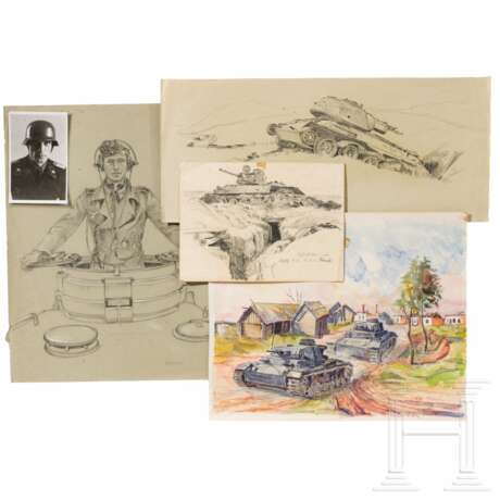 Kriegsmaler Fritz Hensel - Aquarelle, Zeichnungen etc., vorwiegend Panzer - Foto 1