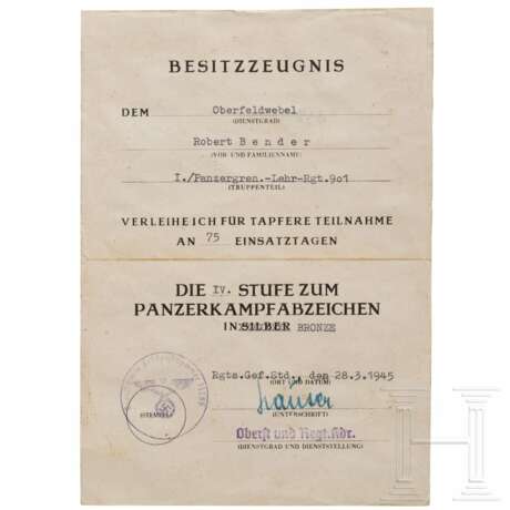 Besitzzeugnis zur IV. Stufe des Panzerkampfabzeichens in Bronze - Panzergrenadier-Lehr-Regiment 901 - фото 1