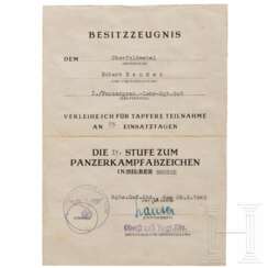 Besitzzeugnis zur IV. Stufe des Panzerkampfabzeichens in Bronze - Panzergrenadier-Lehr-Regiment 901