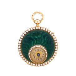ANONIMO: Orologio da tasca in oro 18K rifinito con smalto guilloché verde e perle 