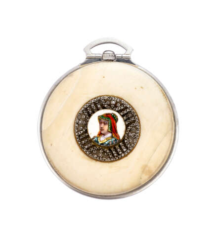 ANONIMO: Orologio da tasca in platino, avorio, diamanti e miniatura di donna con smalti - photo 2