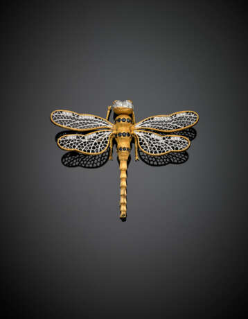 Spilla a guisa di libellula con testa tremblant in oro giallo e platino rifinita con diamanti - фото 2