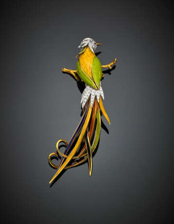 Spilla in oro giallo e bianco a guisa di uccello del paradiso con corpo rifinito in smalti guilloché - Foto 1