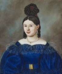 Porträt einer jungen Dame in blauem Kleid 