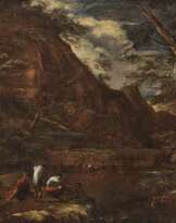 Felslandschaft mit Gewässer und Figurenstaffage