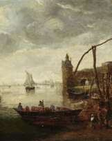 Niederländische Uferlandschaft mit Segelschiffen und Fährboot