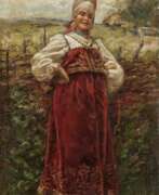 Konstantin Yegorovich Makovsky. Junge Frau in Tracht vor dem Weidezaun 