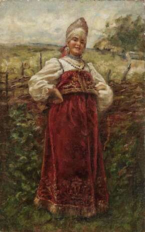 Makovskij, Konstantin Egorovich . Junge Frau in Tracht vor dem Weidezaun   - фото 1