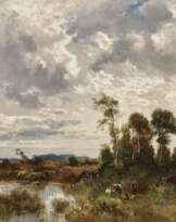 Moorlandschaft Zwei Jäger mit ihren Hunden bei einem erlegten Reh. Weiter Wolkenhimmel.