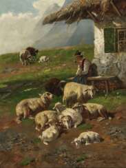 Hirte mit Schafen vor der Almhütte 