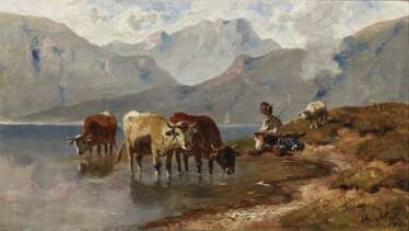 Hirte mit Rindern und Schaf am Ufer eines Gebirgssees 