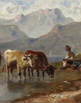 Hirte mit Rindern und Schaf am Ufer eines Gebirgssees