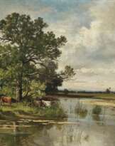 Bauer mit Rindern am Ufer