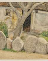 Dorfhaus mit Baum und Randsteinen. Circa 1901