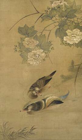 Anonyme Malerei eines Entenpaares auf Seide als Hängerolle montiert - Foto 1