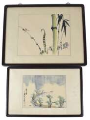 Zwei gerahmte Malereien, eine Flusslandschaft und eine Libelle mit Bambus