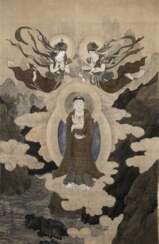 Großes Andachtsbild mit Darstellung des Guanyin pusa unter zwei Asparas