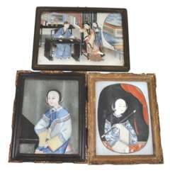 Drei Hinterglasmalereien mit Portraits von Damen