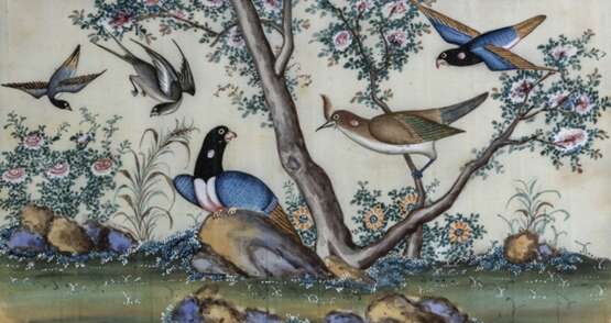 Zwei Reisblatt-Malereien von Vögeln und Pflanzen, unter Glas gerahmt - Foto 2