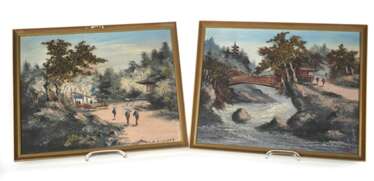 Paar Ölgemälde mit der Darstellung von zwei Landschaftsszenen, gerahmt