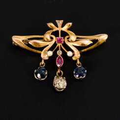 Jugendstil-Brosche mit Brillant, Saphiren und Rubinen