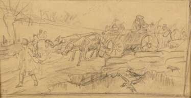 VON BRANDT, Josef (zugeschr.) (1841 - 1915). Zeichnung mit Pferdekarren und Bauernvolk.