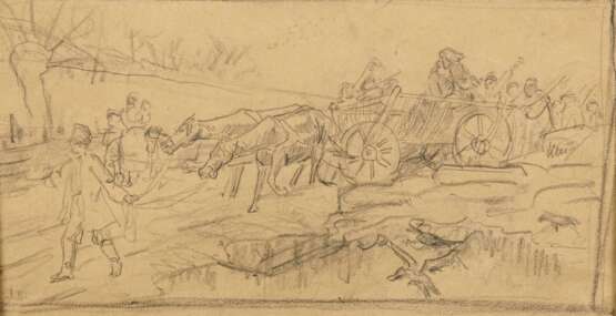VON BRANDT, Josef (zugeschr.) (1841 - 1915). Zeichnung mit Pferdekarren und Bauernvolk. - photo 1