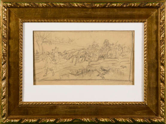 VON BRANDT, Josef (zugeschr.) (1841 - 1915). Zeichnung mit Pferdekarren und Bauernvolk. - Foto 2