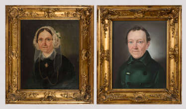 2 Biedermeier-Porträts in gleichen Rahmen.