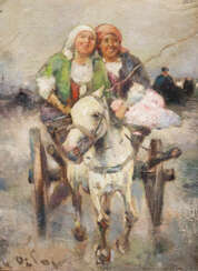 RUSSISCHER MALER (19.-20. Jahrhundert). Mädchen im Pferdefuhrwerk.