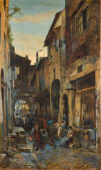 MEYER, Edgar (1853 Innsbruck - 1925 Aldrans/Innsbruck). Markttreiben in italienischer Gasse.
