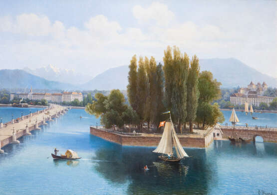 PRESTELE, Carl (1839 München - unbekannt). Genfer See mit Mont-Blanc-Brücke und Schloss Chillon. - фото 1
