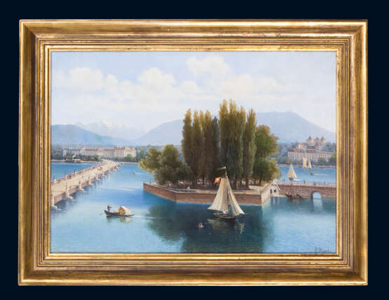 PRESTELE, Carl (1839 München - unbekannt). Genfer See mit Mont-Blanc-Brücke und Schloss Chillon. - фото 3