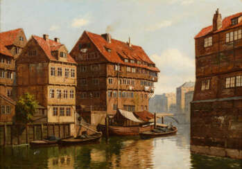 FISCHER, Johannes August (1854 Kopenhagen - 1921). Ansicht Speicherstadt Hamburg.