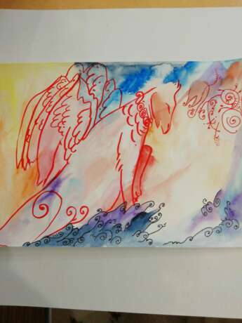 Созерцание дракона Paper Watercolor Impressionism Mythological painting 2020 - photo 1