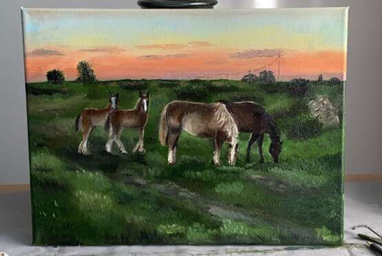 „Pferde bei Sonnenuntergang“ Leinwand Ölfarbe Impressionismus Landschaftsmalerei 2020 - Foto 1