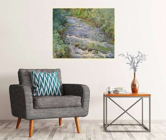 „Berg-Fluss nach dem Regen Malerei von Aleksandr Dubrovskyy“ Leinwand Ölfarbe Impressionismus Landschaftsmalerei 2009 - Foto 4