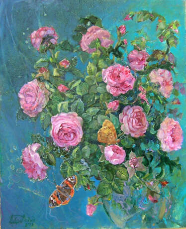“Roses and Butterflies-Roses and Butterflies” Canvas Oil paint Impressionist Still life 2018 - photo 1