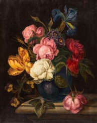 MALER/IN 19./20. Jahrhundert, "Blumenbouquet in blauer Vase",