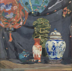 ZIMMERMANN, JOSEF (Maler 20. Jahrhundert), "Stillleben mit asiatischer Skulptur, Gefäßen und Lampions",