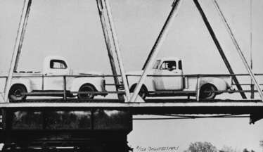 Two Trucks/Two Decisions (on bridge) 1996