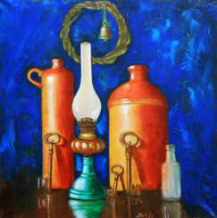 "Still life with bottles, keys, and an old kerosene lamp "