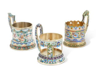 THREE CLOISONNÉ ENAMEL SILVER-GILT TEA-GLASS HOLDERS